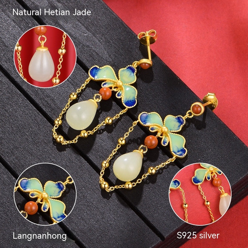 Women's Retro Style Hetian Jade Flower Silver Earrings-3