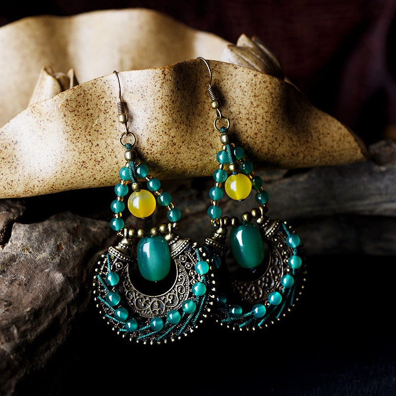 Yunnan Ethnic Style Antique Copper Green Agate Earrings-2