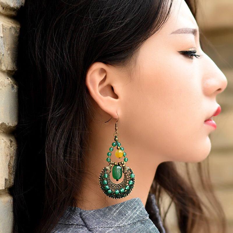Yunnan Ethnic Style Antique Copper Green Agate Earrings-5