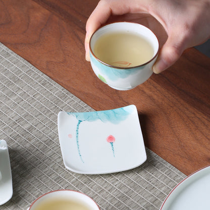 Hand Painted Lotus Square Heat Proof Mat Ceramic Teacup Mat