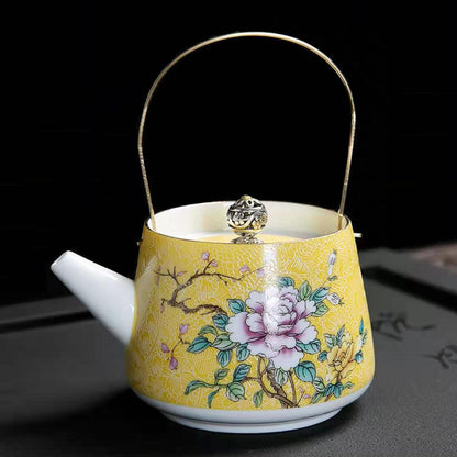 Enamel Painted Teapot Vintage Household Peony Ring Handle Teapot