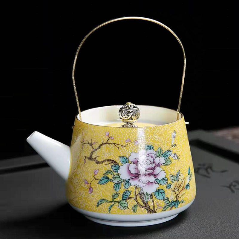 Enamel Painted Teapot Vintage Household Peony Ring Handle Teapot