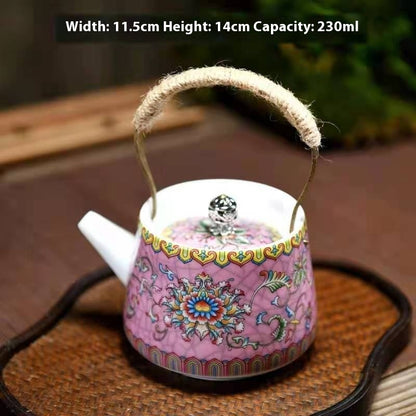 Enamel Painted Teapot Vintage Household Peony Ring Handle Teapot