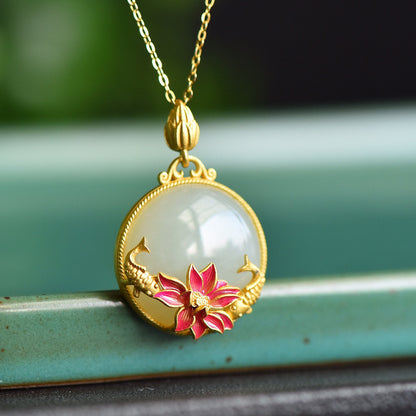 Carp Lotus Sterling Silver Hotian Jade Pendant Necklace For Women