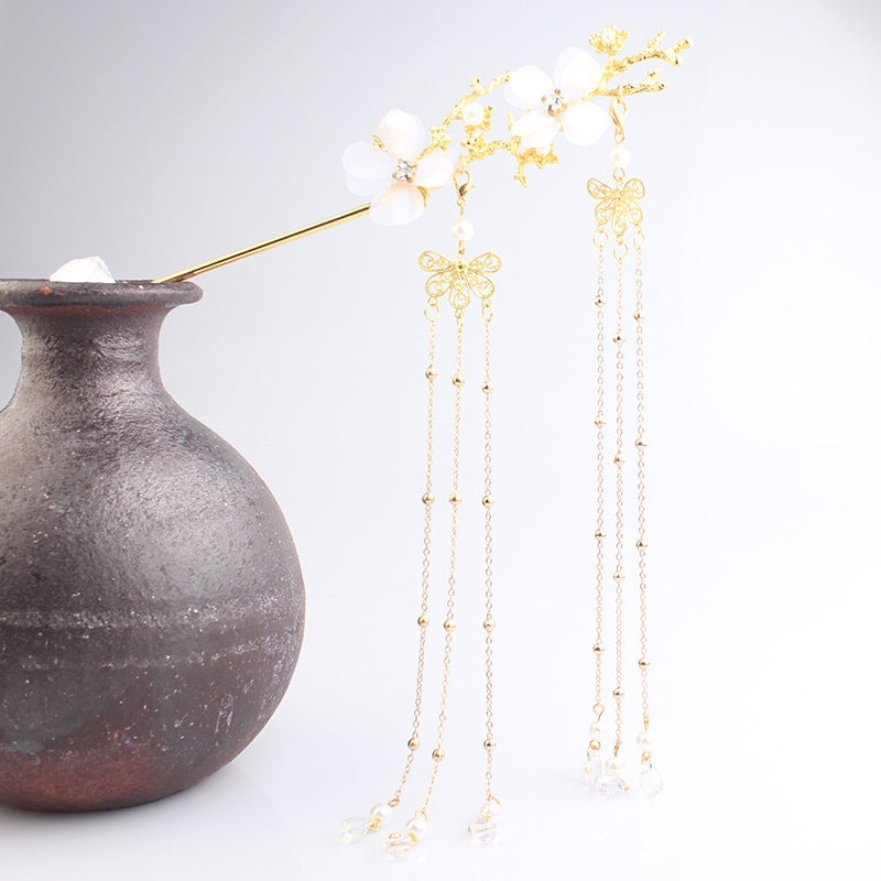 Alte Style Hair Accessoires Hanfu Pflaumenblütenzweig Quaste Haartapin weißer Blütenbohrer