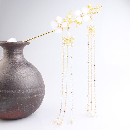 Ancient Style Hair Accessories Hanfu Plum Blossom Branch Tassel Hairpin White Flower Drill