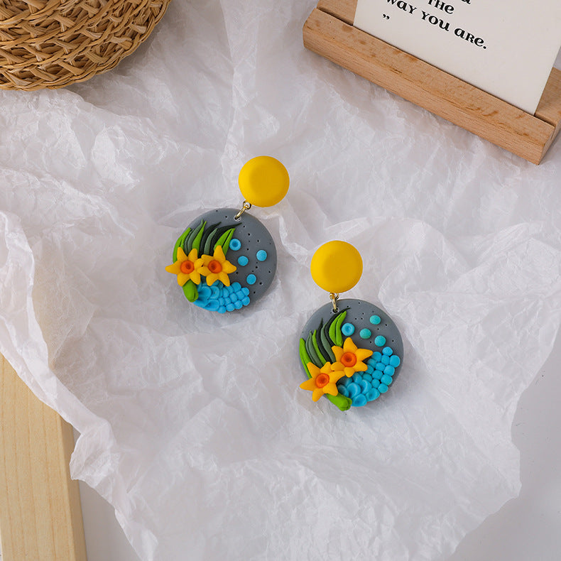 Color Flower Earrings Girlish Style Handmade Clay Soft Pottery Earrings