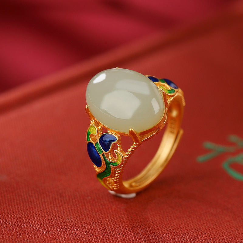 Hotan Jade Vintage Style Eiergesichtsmuster Hohlring Ring