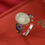 Hotan Jade Vintage Style Egg Face Pattern Hollow Out Ring