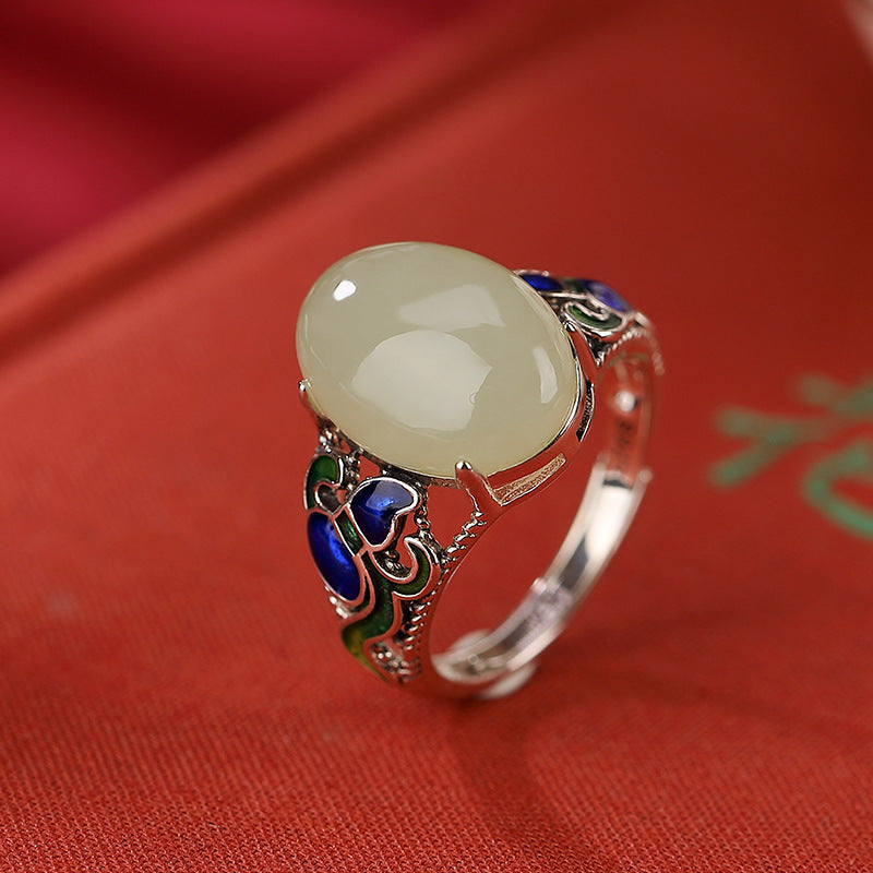 Hotan Jade Vintage Style Egg Face Pattern Hollow Out Ring