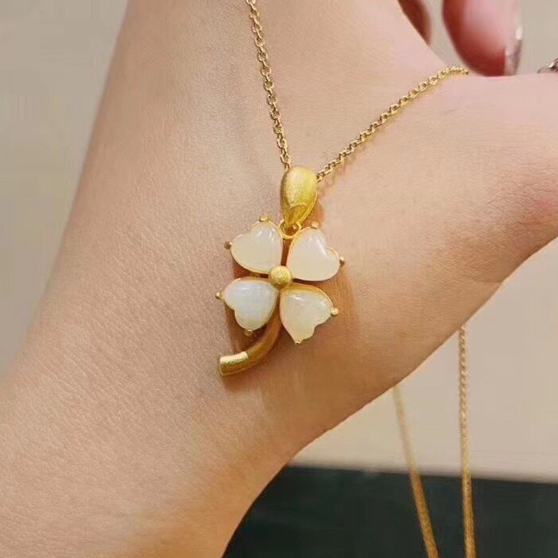 Hetian Jade Necklace Four-leaf Clover Pendant Women