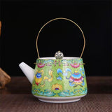 Enamel Painted Teapot Vintage Household Peony Ring Handle Teapot