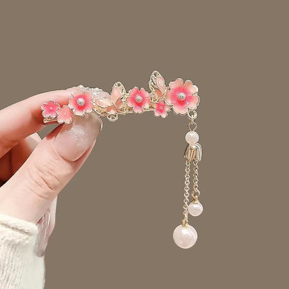 Super Fairy Cherry Blossom Pansy Pearl Tassel Hairpin Ancient Style Female Side Fringe Headdress Duckbill Clip