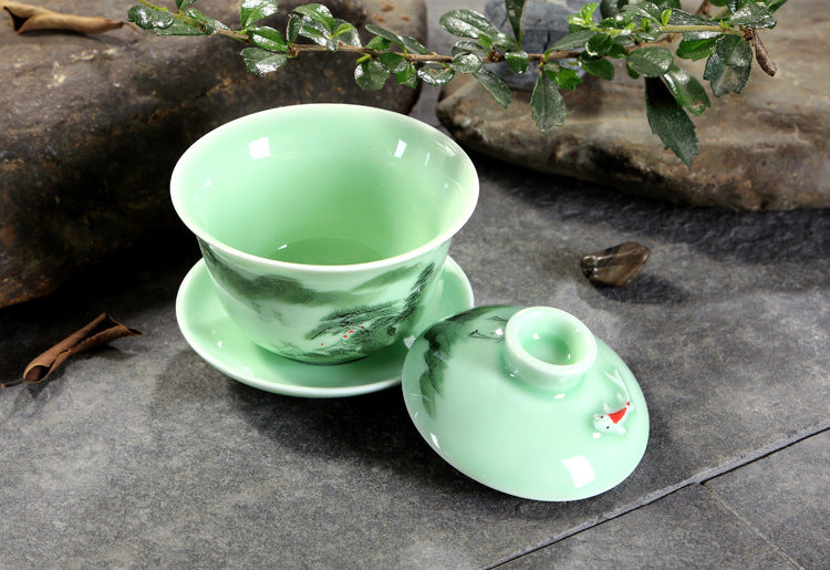 Hand Painted Celadon Kung Fu Tea Set Suit Tea Bowl Tureen