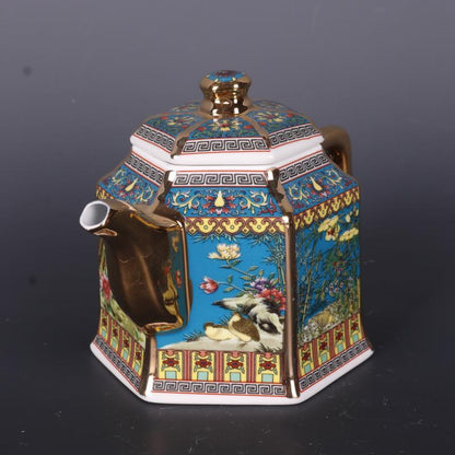 Home Decoration-Golden Enamel Flower and Bird Teapot Six Square Pot