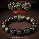 Five Gods Of Wealth Lucky Beads Bracelet Zodiac Gold Obsidian Handheld Rosary
