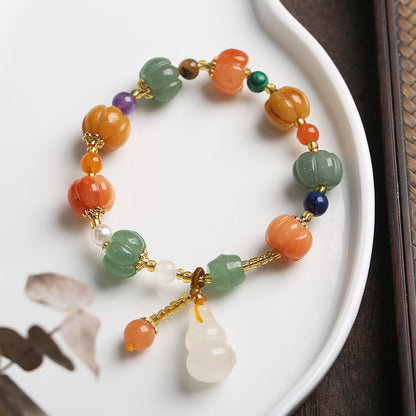 Natural Gold Filigree Jade Pumpkin Beads Bracelet