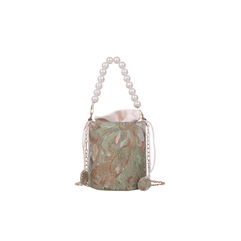 Chinese Style Pearl Chain Bucket Bag Underarm Shoulder Bag