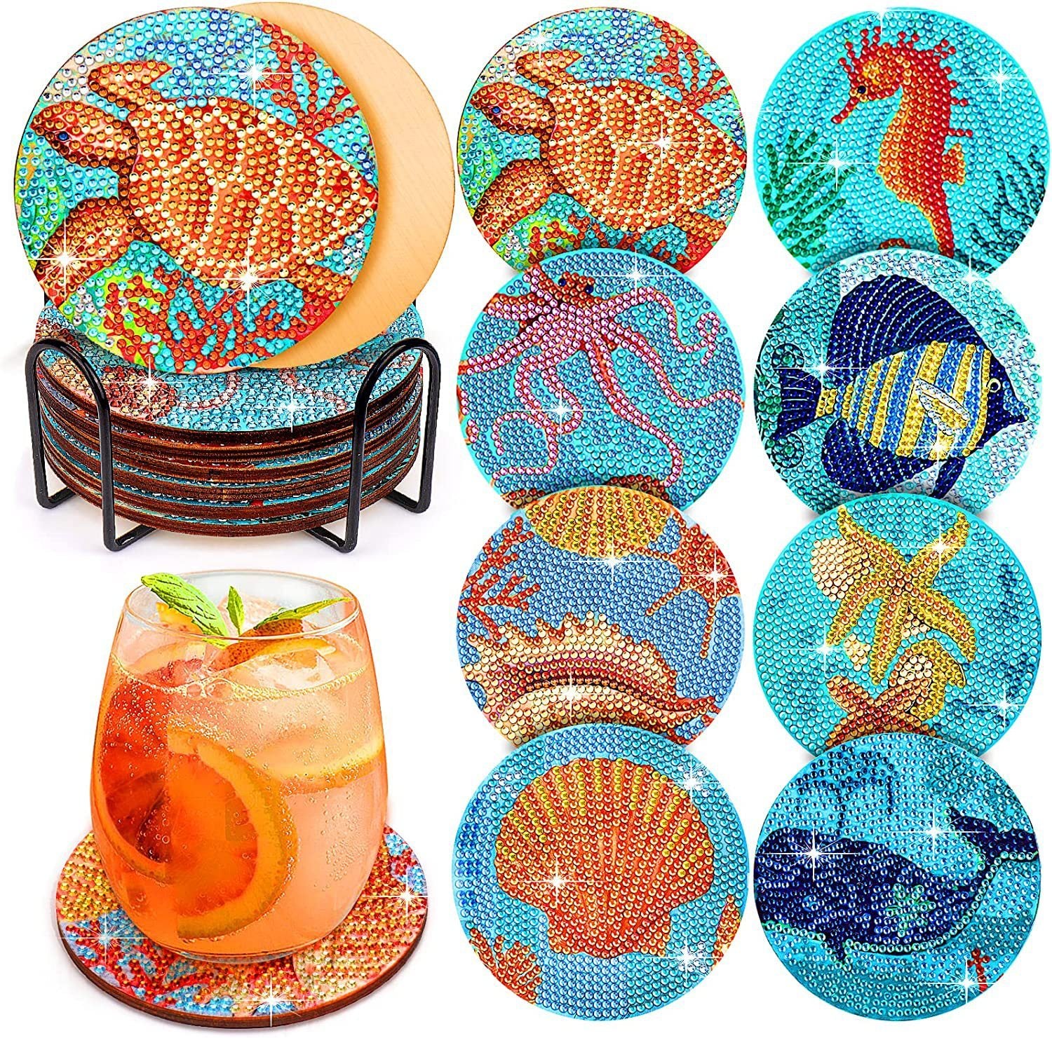 Ocean Series Diamond Painting Coaster Coaster Set Strasssteine ​​Holz Tischplacemat mit Rack für Wohnkulturküchenzubehör