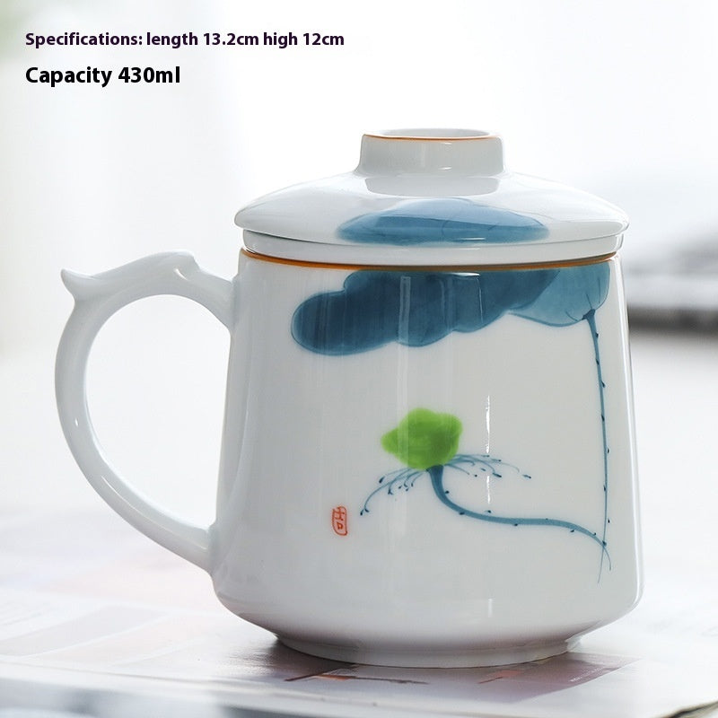 White Porcelain Celadon Household Hand-painted Filtered Tea Cup With Lid