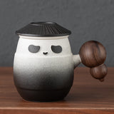 Panda Warrior Wooden Handle Teacup with Lid and Tea Strainer-4