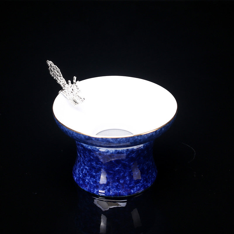 Sprinkled Blue Glaze Ceramic Inlaid Silver Tea Cup Set