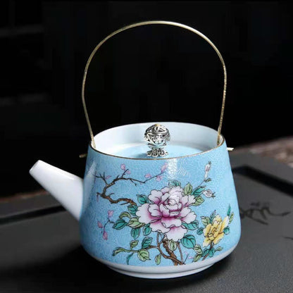 Enamel Painted Teapot Vintage Household Peony Ring Handle Teapot