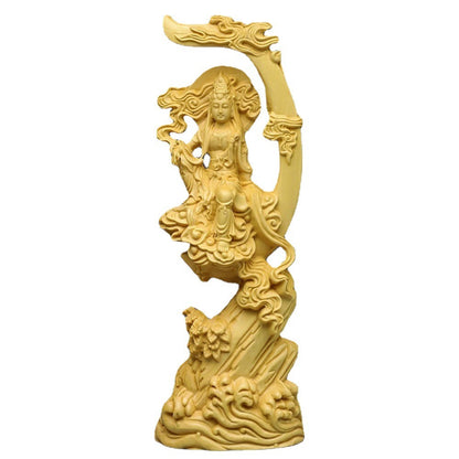 Boxwood Carving Sun And Moon Guanyin Buddha Statue Ornament