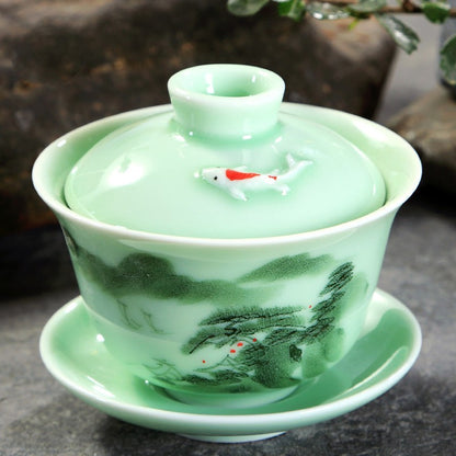 Hand Painted Celadon Kung Fu Tea Set Suit Tea Bowl Tureen