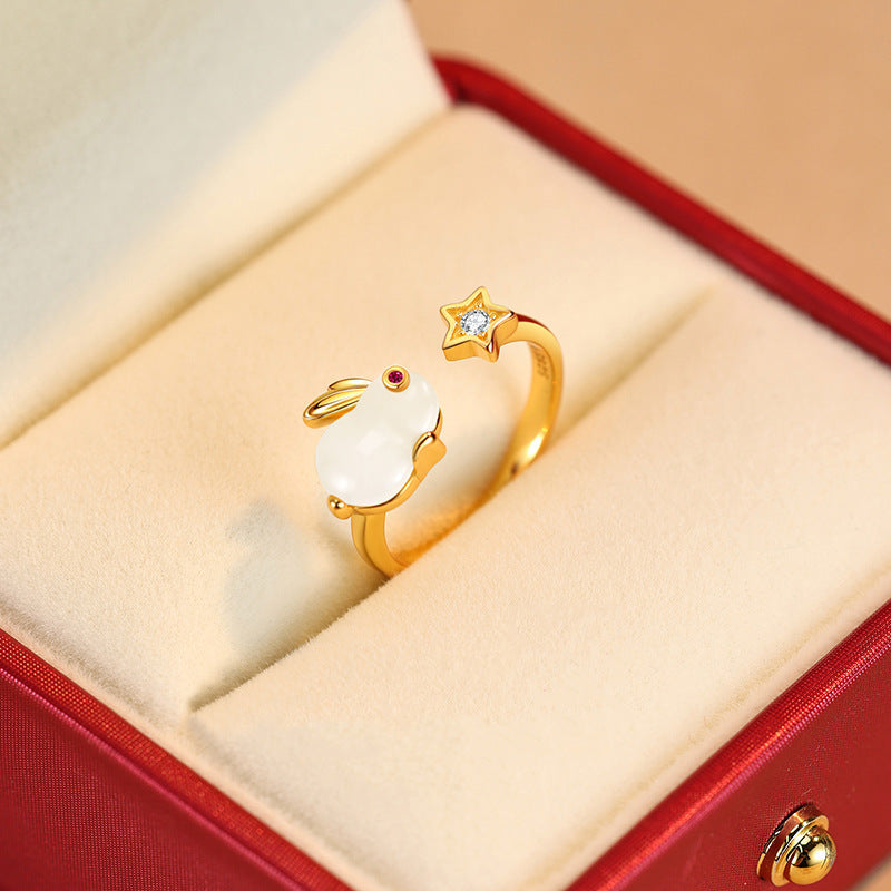 Atmospheric Gold-plated Flowers Hetian Jade Ring