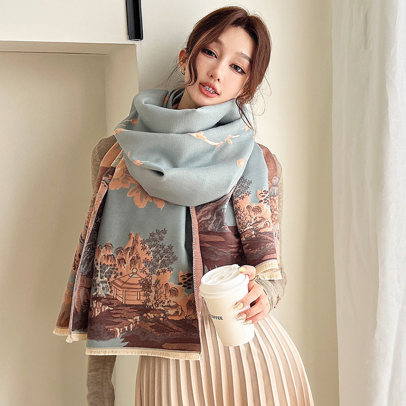 Plum Artificial Cashmere Double-sided Thickened Scarf Shawl-6