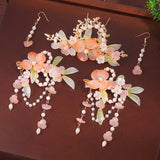 Pink Four-petal Flower Glass Pearl Earrings Hairpin Jewelry Set-4