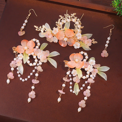 Pink Four-petal Flower Glass Pearl Earrings Hairpin Jewelry Set-4