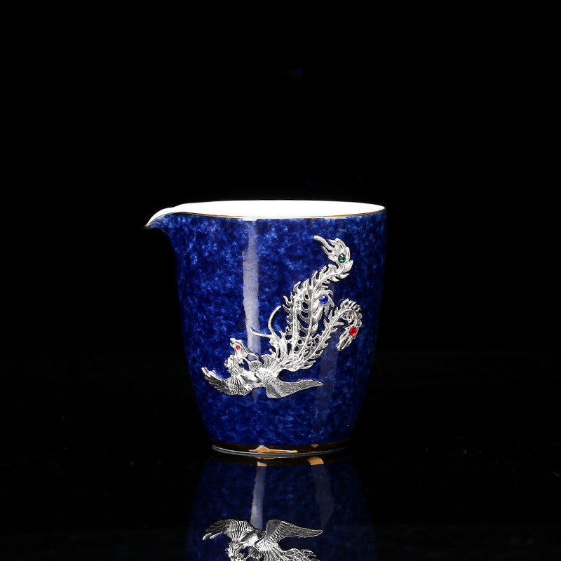 Sprinkled Blue Glaze Ceramic Inlaid Silver Tea Cup Set