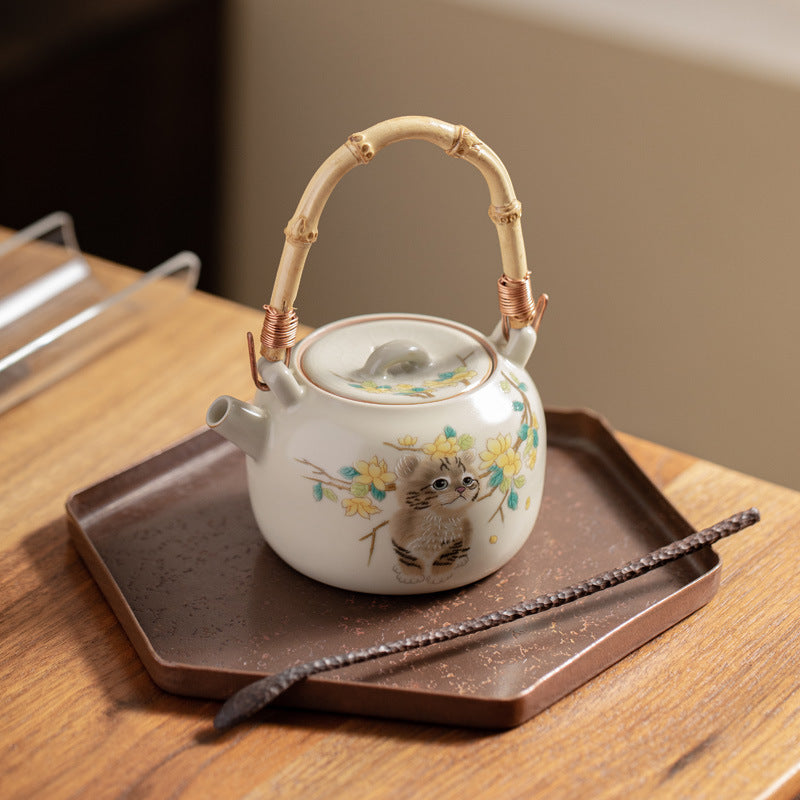 Ru Kiln Ceramic Teapot Cute Cat Bunny Ring Handle Teapot