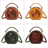 Ethnic Style Small Round Bag Head Layer Cowhide One Shoulder Crossbody