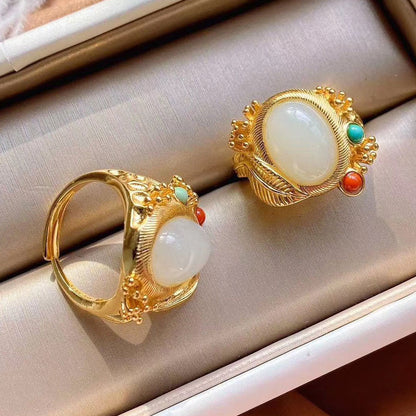 Ethnic Style Gold Plated Hetian Jasper Ring