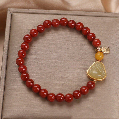 Southern Red Agate Beaded Bracelet Female 14K Gold Inlaid With Jade Buddha