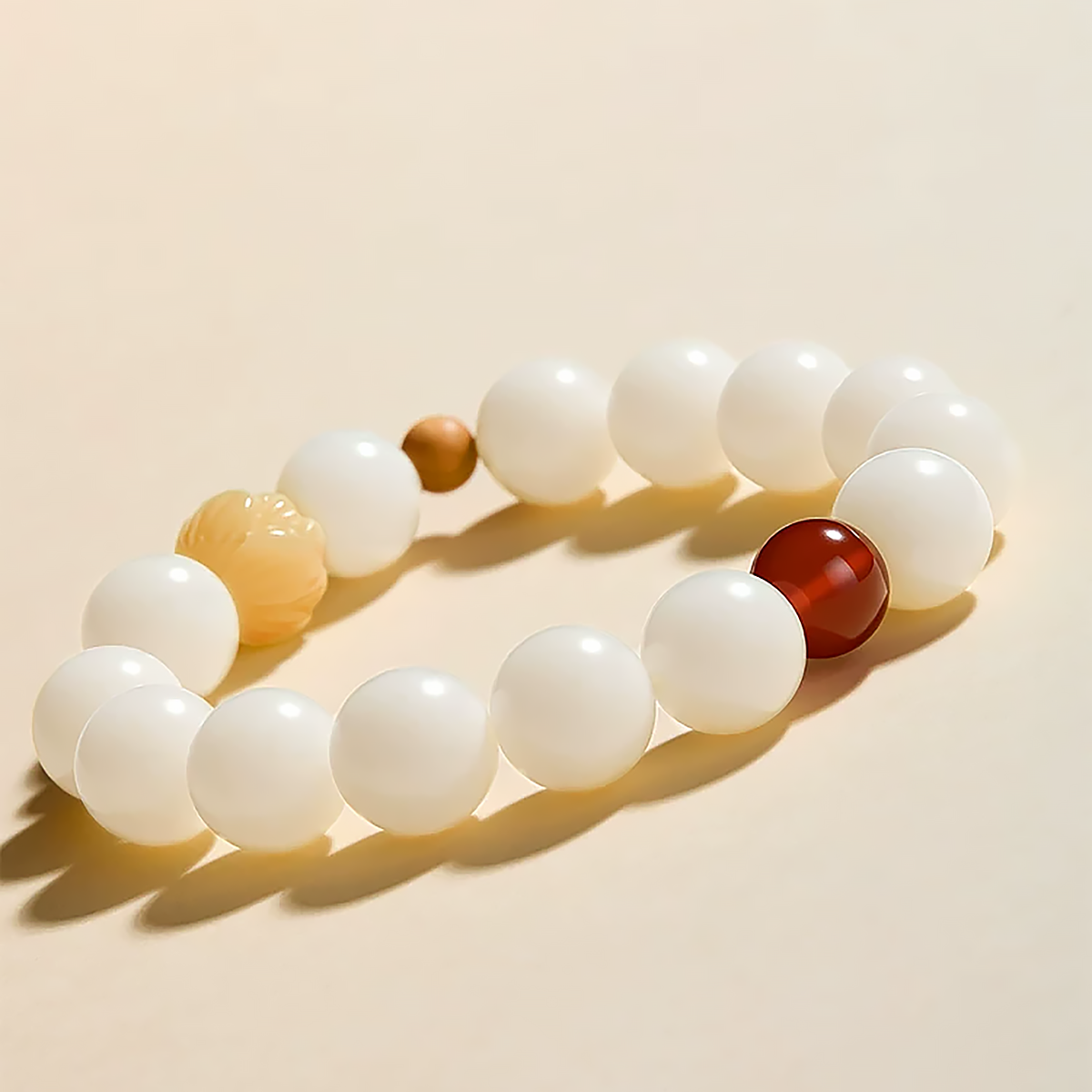 White Jade Bodhi and Red Agate Bracelet with Lotus Charm-4