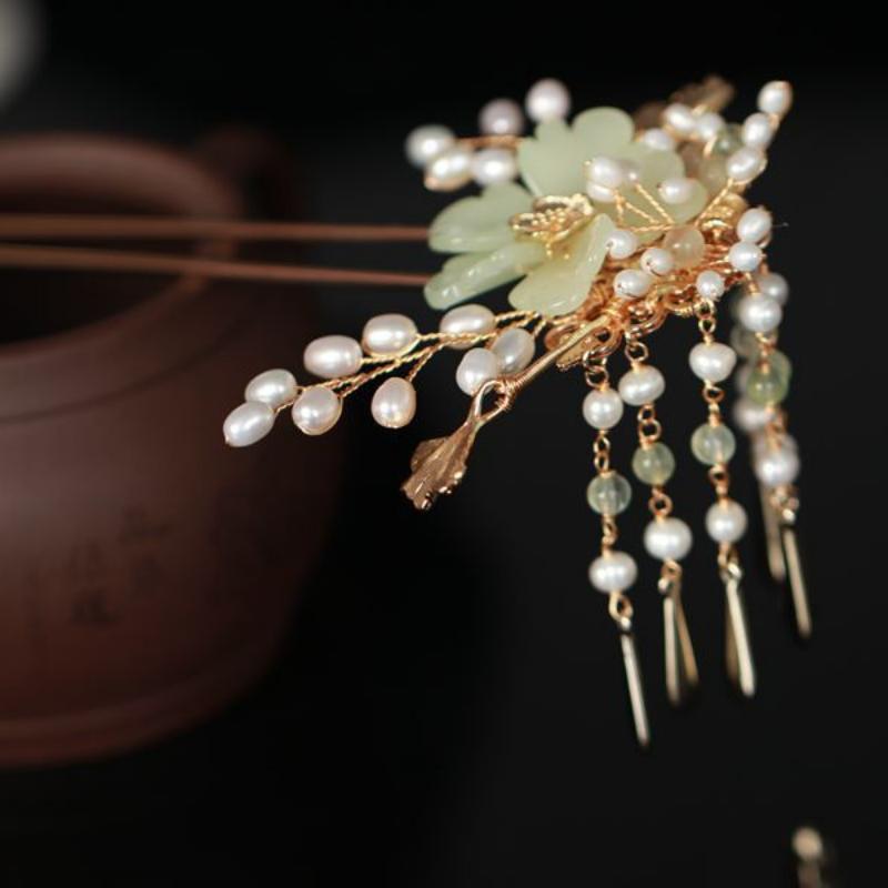 Women's Fashion Grape Stone Flower Pearl Tassel Hairpin Jewelry-3