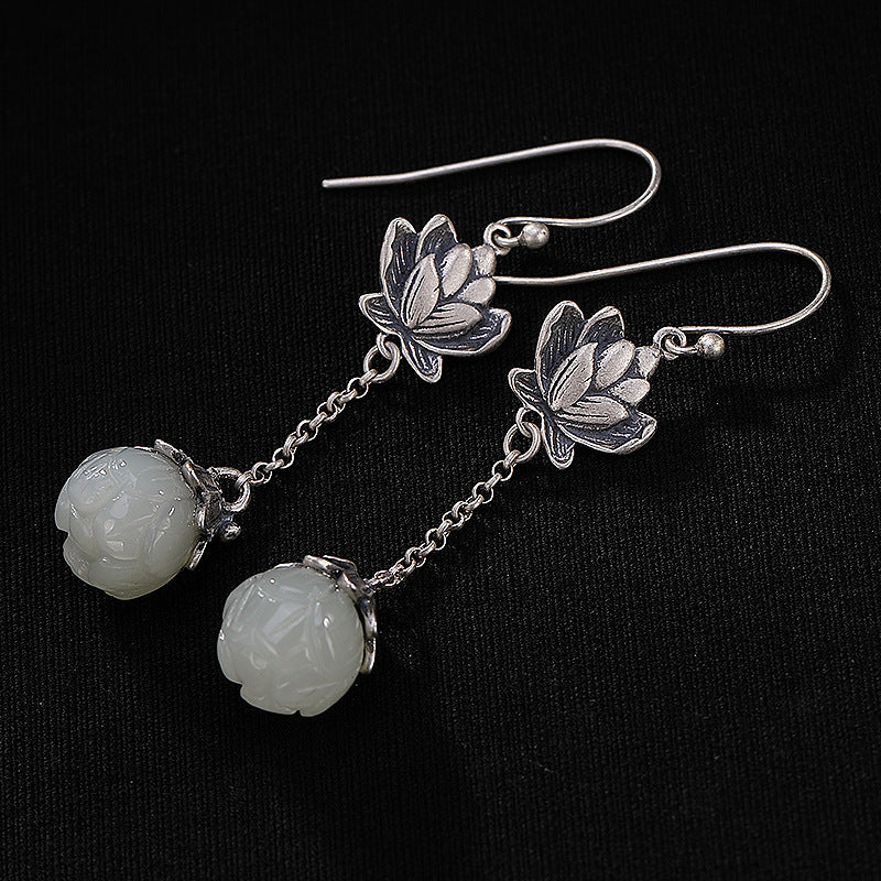 Retro Natural Hetian Jade White Jade Lotus Personality Women's Earrings