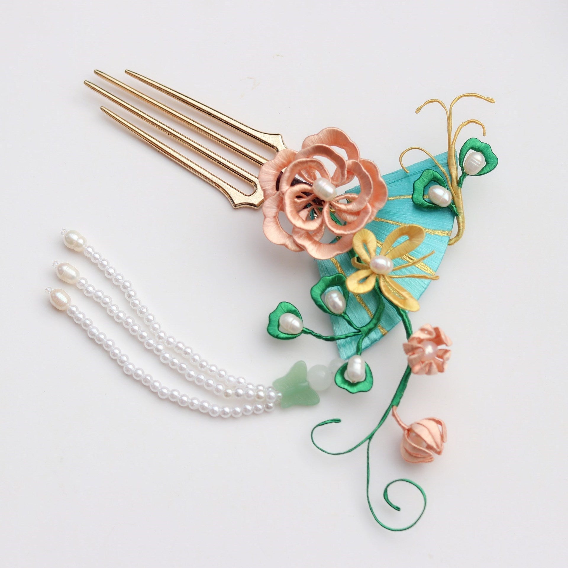 Wrapped Peony Flower Pearl Tassel Hairpin Step Shaking Hair-5