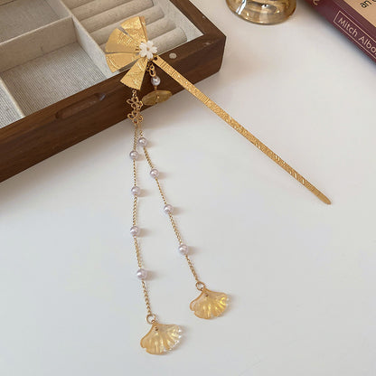 Chinese Wind Fan Flower Pearl Tassel Hairpin