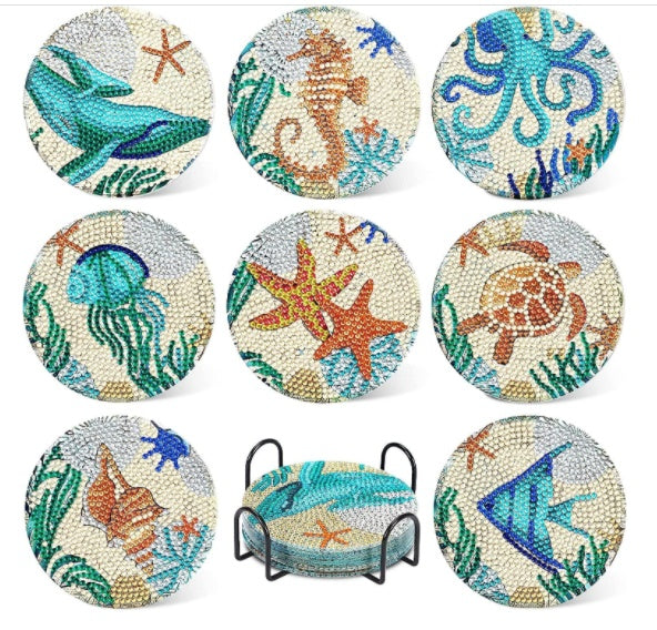 Ocean Series Diamond Painting Coaster Coaster Set Strasssteine ​​Holz Tischplacemat mit Rack für Wohnkulturküchenzubehör