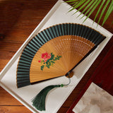 Ancient Style Dark Green Cherry Blossom Summer Portable Folding Fan-5