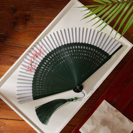 Ancient Style Dark Green Cherry Blossom Summer Portable Folding Fan-8