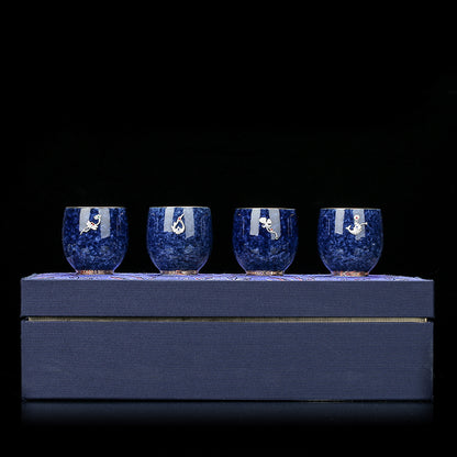 Sprinkled Blue Glaze Ceramic Inlaid Silver Tea Cup Set