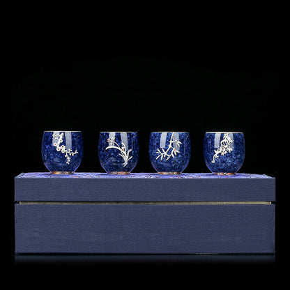 Sprinkled Blue Glaze Ceramic Inlaid Silver Tea Cup Set