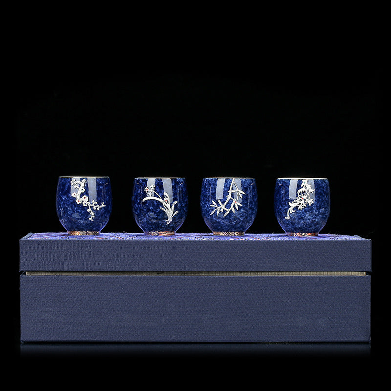 Sprinkled Blue Glaze Ceramic Inlaid Silver Tea Cup Set