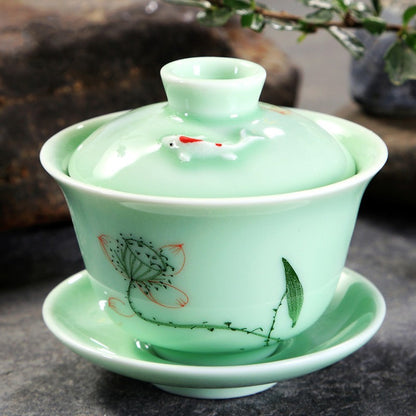 Hand Painted Celadon Kung Fu Tea Set Suit Tea Bowl Tureen